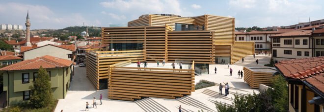 timber building with stacked appearance