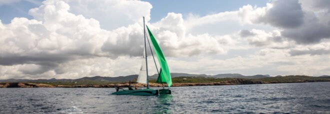 zero emissions catamaran on the water