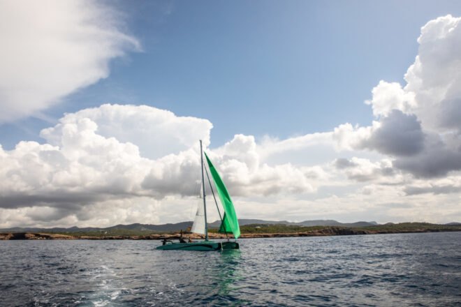 zero-emissions catamaran on the water