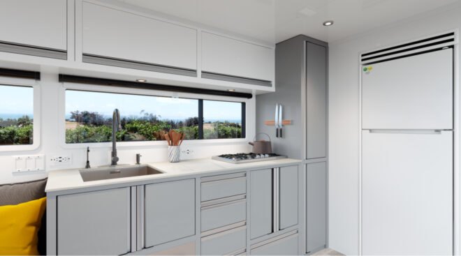 white kitchen space inside rv