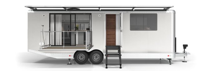image of long rv with open door