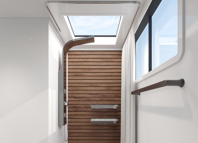 wood-lined shower with skylight in an rv