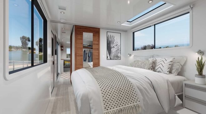 fluffy white bed inside rv