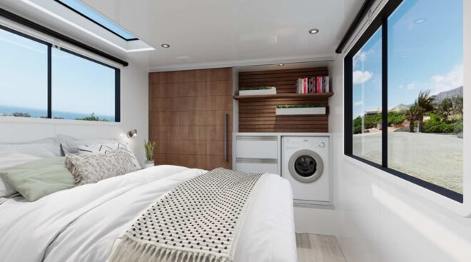 white bed and washer/dryer machine in an rv