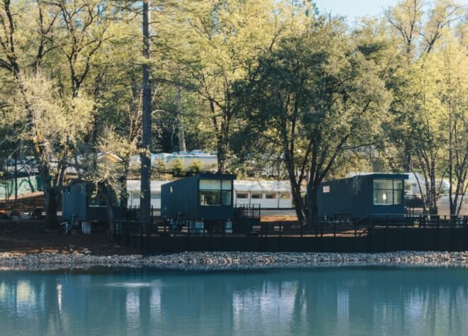 group of black cabins on waters edge