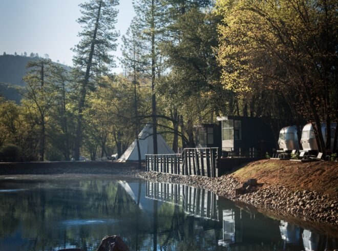 group of black cabins on waters edge