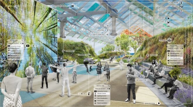 rendering of people under a blue and green pergola