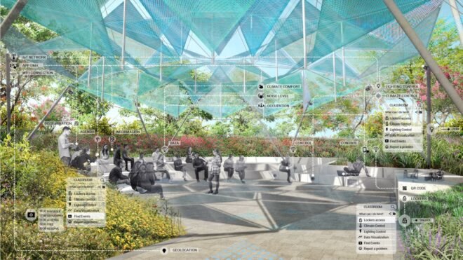 rendering of people under a blue and green pergola