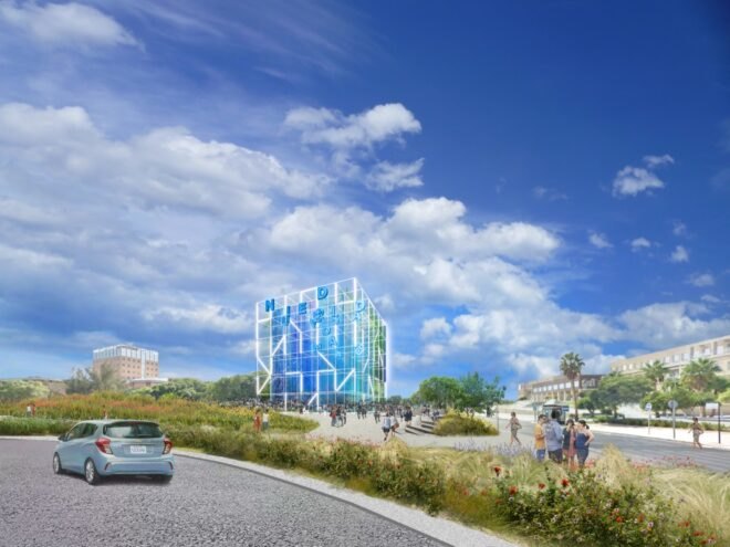 rendering of blue and green cube building