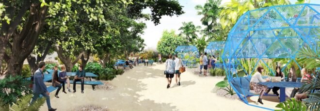 rendering of open blue structures with tables and chairs inside