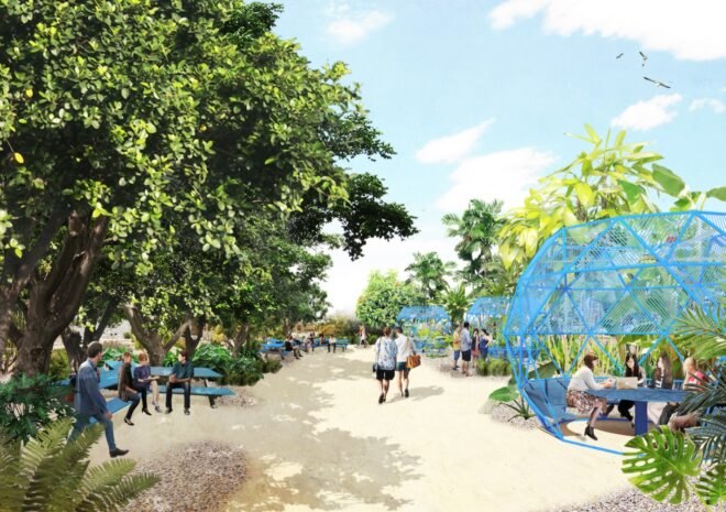 rendering of open blue structures with tables and chairs inside