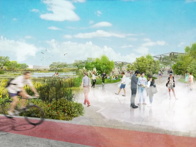 rendering of person biking past people in a park