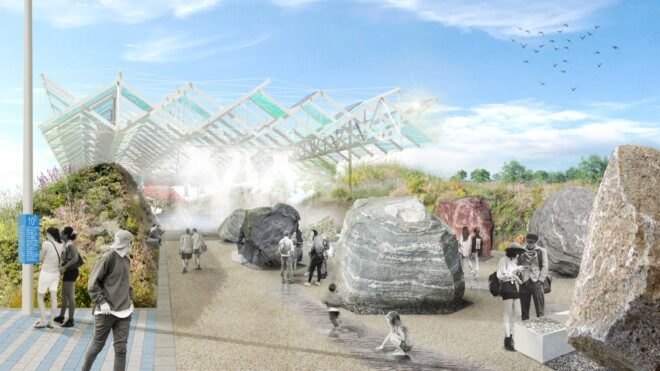 rendering of people looking at giant rock sculptures