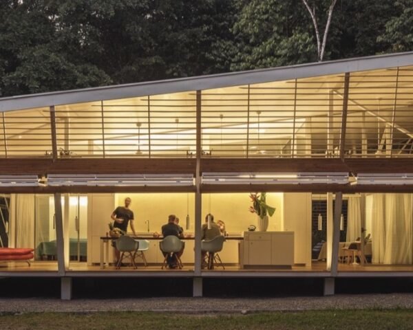 wood home with slanted roof