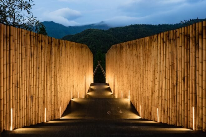 bamboo rods designed like a wall with lights