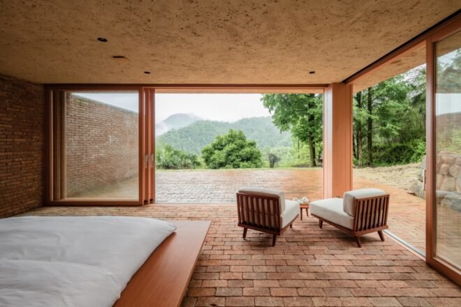 brick lined floor with floor to ceiling windows