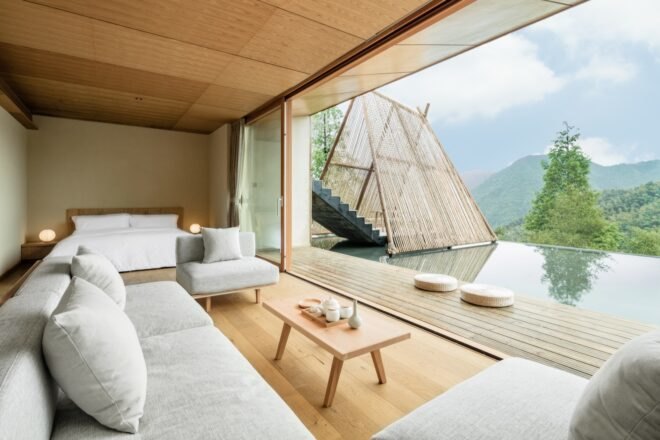 interior of retreat with striking mountain views