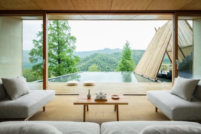 interior of retreat with striking mountain views with a pool