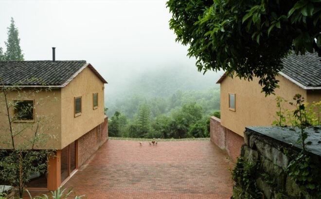 rural eco friendly village built with raw materials surrounded by greenery