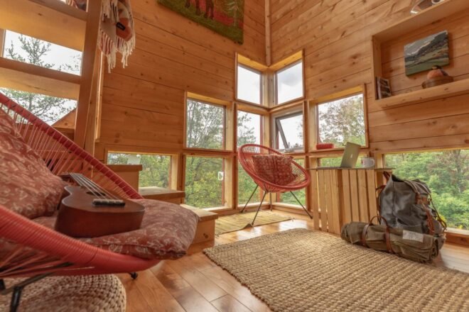 woo-lined room with square windows