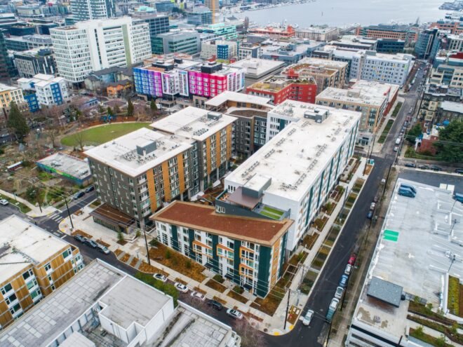 aerial view of white and tan apartment complex in Seattle