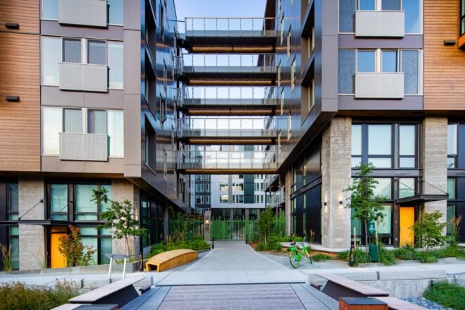 glass entrance to apartment complex