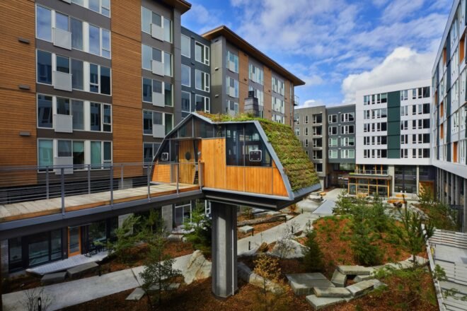 semi-circle-shaped treehouse with a green roof in a courtyard