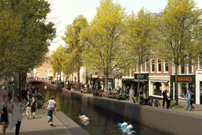 rendering of people walking on each side of a canal