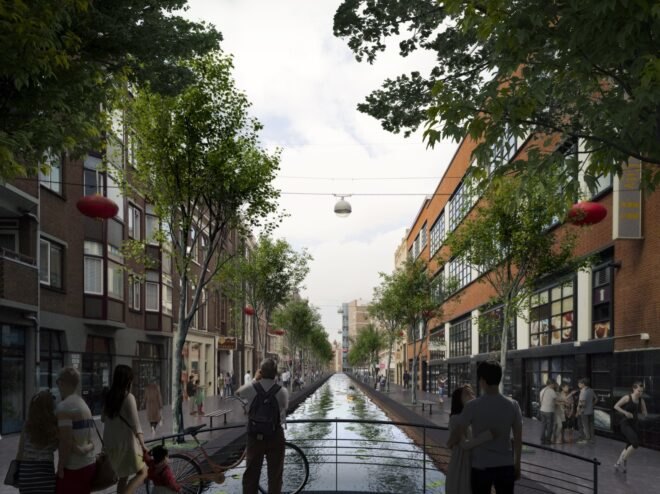 rendering of people standing on a bridge over a canal