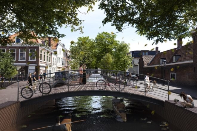 rendering of bikes parked on a bridge over a canal