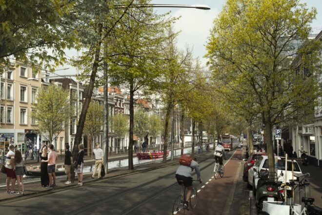 rendering of train running beside a canal