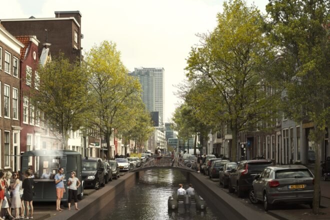 rendering of pedestrian bridge over canal