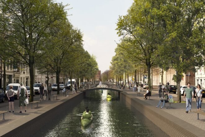 rendering of people kayaking on a canal