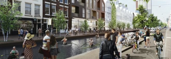 rendering of canals near old buildings