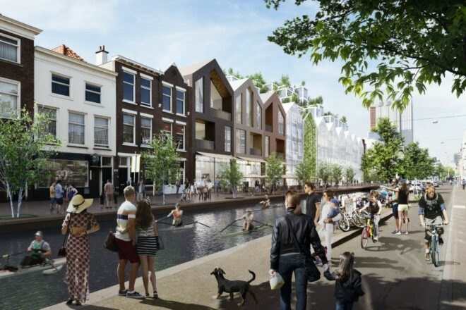 rendering of canals near old buildings
