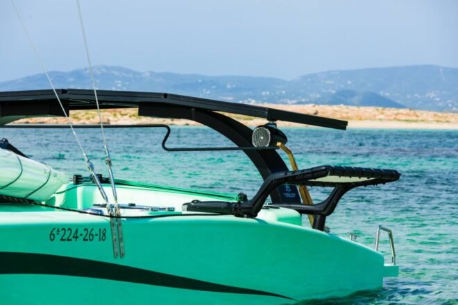 close-up of green catamaran