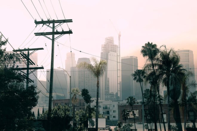 high-rises and palm trees shrouded in smog