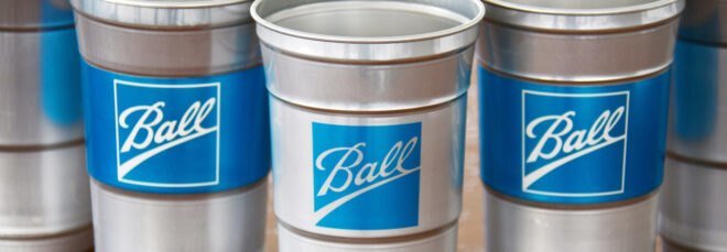 aluminum cups with blue Ball Corp. logo on the front
