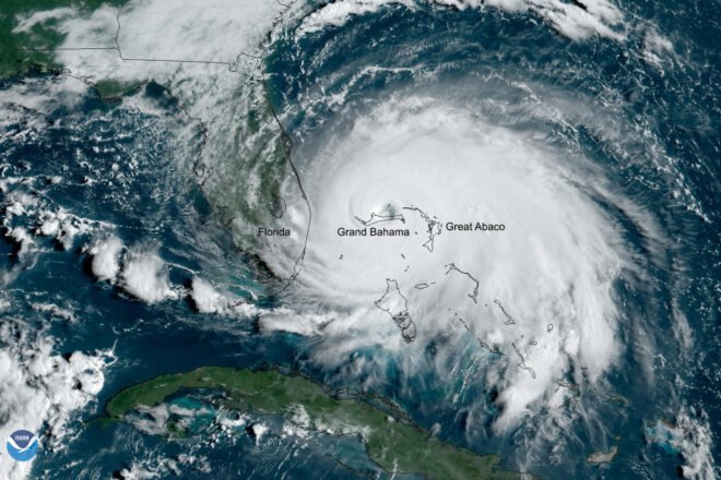satellite image of Hurricane Dorian when it was over Grand Bahama Island