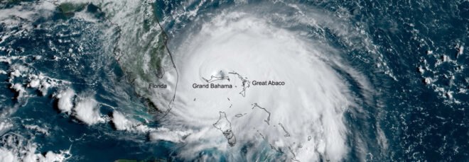 satellite image of Hurricane Dorian when it was over Grand Bahama Island