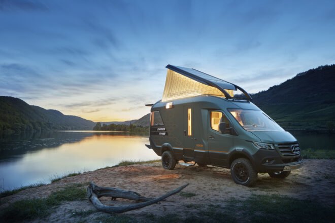 rendering of van with pop-top at dusk
