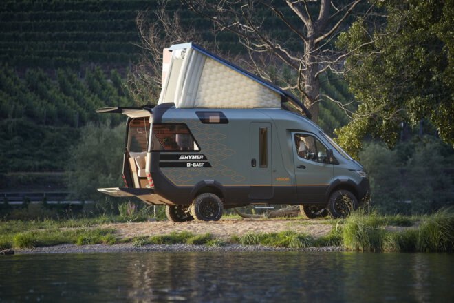 rendering of camper van with back hatch open