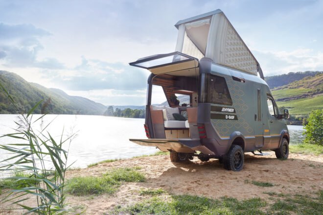 rendering of camper van with pop-top with back hatch open