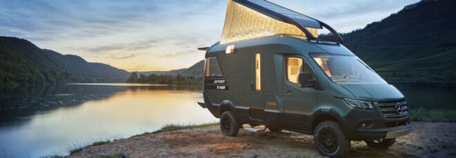 rendering of van with pop-top at dusk