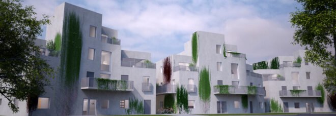 white block of apartments with green walls