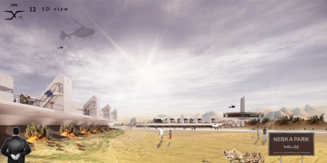 rendering of long white building in desert