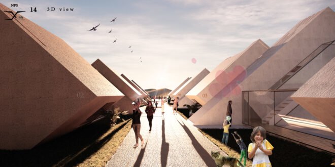 rendering of small geometric buildings in the desert