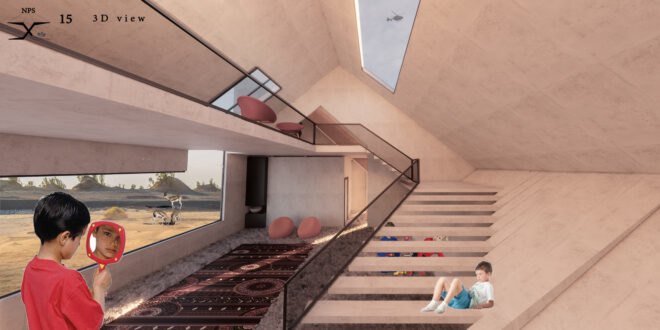 rendering of hotel interior with lounge chairs and long windows