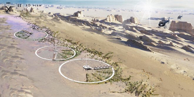 aerial rendering of round buildings within larger circle frameworks