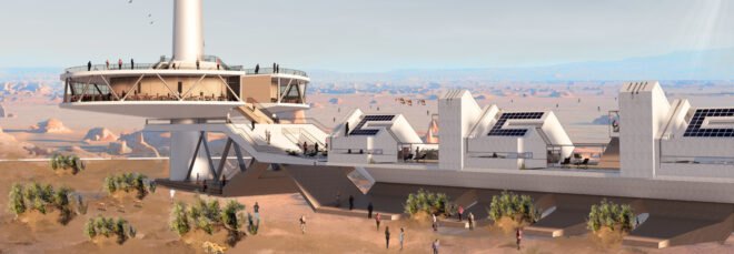 rendering of tall white round building in the desert
